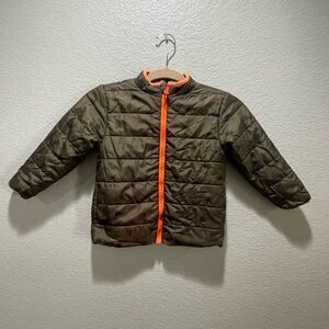 Kids Headquarters Olive Puffer Jacket with dinosaur logos and Orange Accents